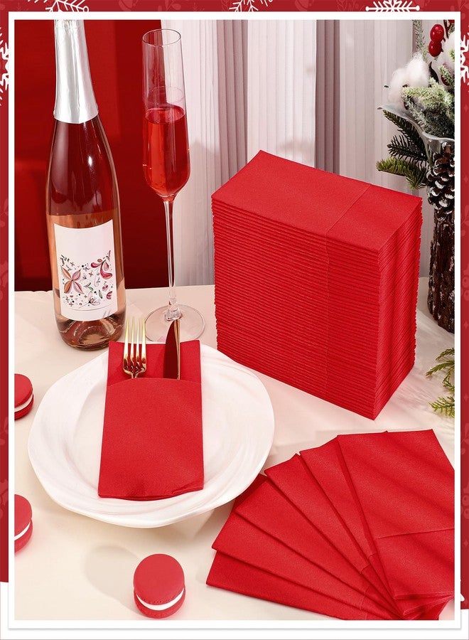 NatNarr 60 Pcs Red Linen-Feel Paper Napkins with Built-in Flatware Pocket, Valentine's Day Pocket Linen Napkin Prefolded Cloth Like Paper Napkin Bulk for Anniversay Silverware Birthday Bathroom Wedding Party - Image 3